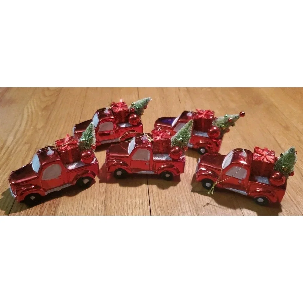 Retro Style Shiny Red Truck Christmas Ornaments Lot Of 5